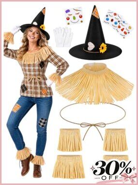 Scarecrow Costume Accessories Set With Hat Cape Cuffs Leg Warmers